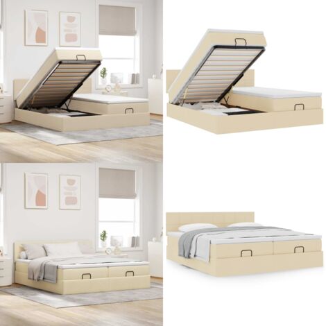 Struttura Letto Pouf con Materassi Crema 180x200 cm in Tessuto - Materasso a molle insacchettate - Stoccaggio sotto il letto