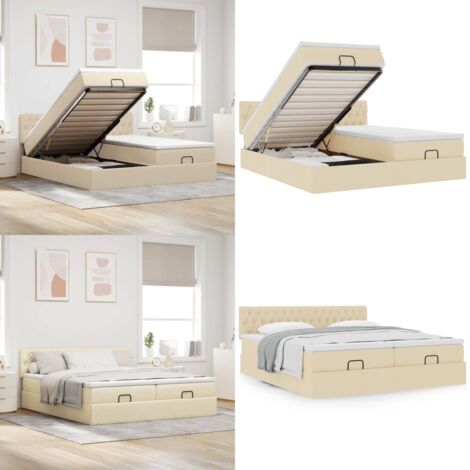 Struttura Letto Pouf con Materassi Crema 180x200 cm in Tessuto - Materasso a molle insacchettate - Stoccaggio sotto il letto