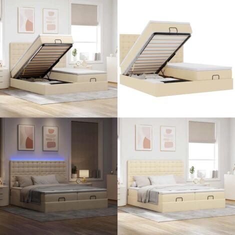 Struttura Letto Pouf con Materassi Crema 180x200 cm in Tessuto - Materasso a molle insacchettate - Stoccaggio sotto il letto