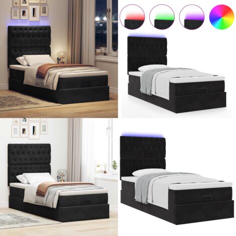 Struttura Letto Pouf con Materassi Nero 100x200 cm Velluto - Materasso a molle insacchettate - Letto con testiera
