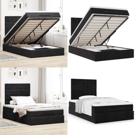 Struttura Letto Pouf con Materassi Nero 120x200 cm Velluto - Materasso a molle insacchettate - Letto con stoccaggio
