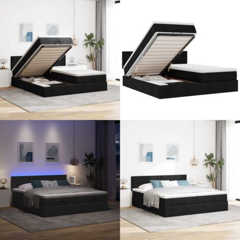 Struttura Letto Pouf con Materassi Nero 160x200 cm in Tessuto - Materasso a molle insacchettate - Stoccaggio sotto il letto
