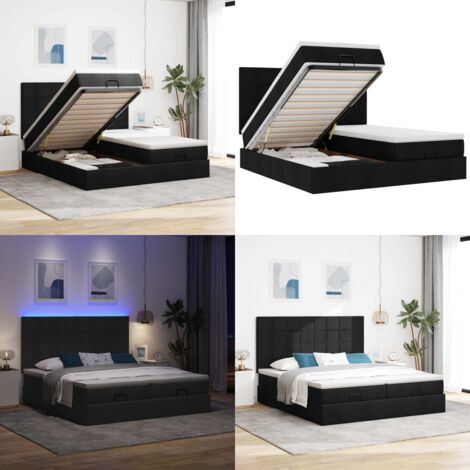 Struttura Letto Pouf con Materassi Nero 160x200 cm in Tessuto - Materasso a molle insacchettate - Stoccaggio sotto il letto