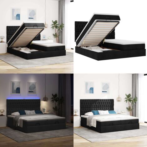 Struttura Letto Pouf con Materassi Nero 160x200 cm in Tessuto - Materasso a molle insacchettate - Stoccaggio sotto il letto