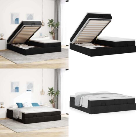 Struttura Letto Pouf con Materassi Nero 180x200 cm in Tessuto - Materasso a molle insacchettate - Letto con stoccaggio
