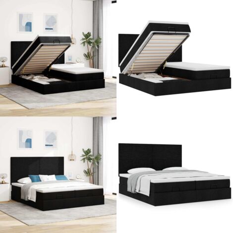 Struttura Letto Pouf con Materassi Nero 180x200 cm in Tessuto - Materasso a molle insacchettate - Stoccaggio sotto il letto