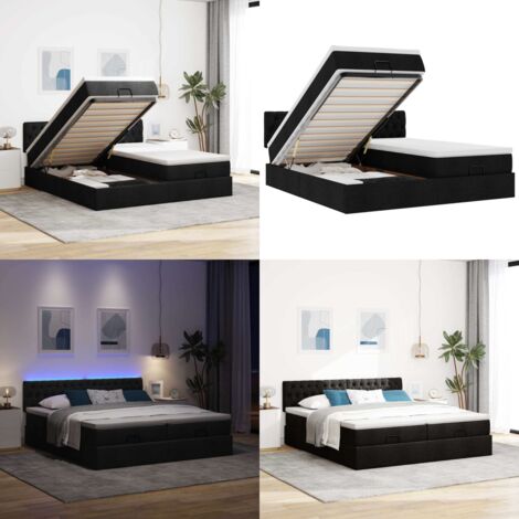 Struttura Letto Pouf con Materassi Nero 180x200 cm in Tessuto - Materasso a molle insacchettate - Stoccaggio sotto il letto