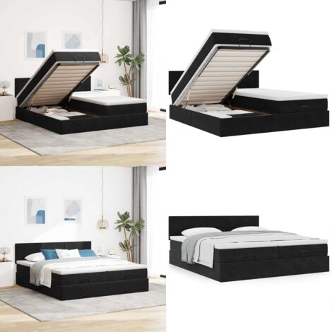 Struttura Letto Pouf con Materassi Nero 200x200 cm Velluto - Materasso a molle insacchettate - Letto con stoccaggio