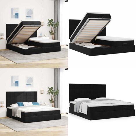 Struttura Letto Pouf con Materassi Nero 200x200 cm Velluto - Materasso a molle insacchettate - Stoccaggio sotto il letto