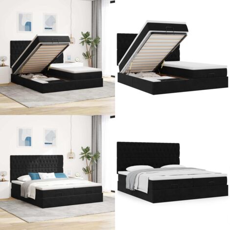 Struttura Letto Pouf con Materassi Nero 200x200 cm Velluto - Materasso a molle insacchettate - Stoccaggio sotto il letto