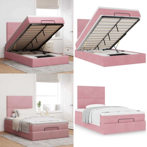 Struttura Letto Pouf con Materassi Rosa 120x190 cm Velluto - Materasso a molle insacchettate - Letto con stoccaggio