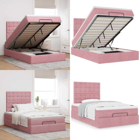 Struttura Letto Pouf con Materassi Rosa 120x190 cm Velluto - Materasso a molle insacchettate - Letto con stoccaggio