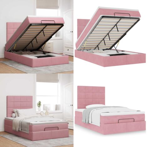 Struttura Letto Pouf con Materassi Rosa 120x190 cm Velluto - Materasso a molle insacchettate - Letto con stoccaggio