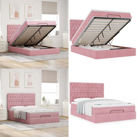 Struttura Letto Pouf con Materassi Rosa 140x190 cm in Velluto - Materasso a molle insacchettate - Letto con stoccaggio