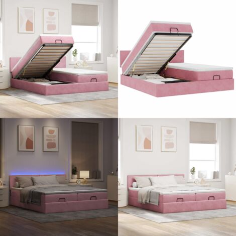 Struttura Letto Pouf con Materassi Rosa 160x200 cm Velluto - Materasso a molle insacchettate - Giroletto con stoccaggio