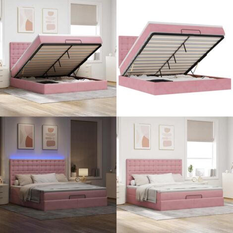 Struttura Letto Pouf con Materassi Rosa 180x200 cm Velluto - Materasso a molle insacchettate - Letto con luci LED