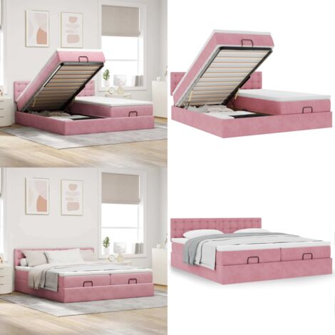 Struttura Letto Pouf con Materassi Rosa 180x200 cm Velluto - Materasso a molle insacchettate - Letto con stoccaggio