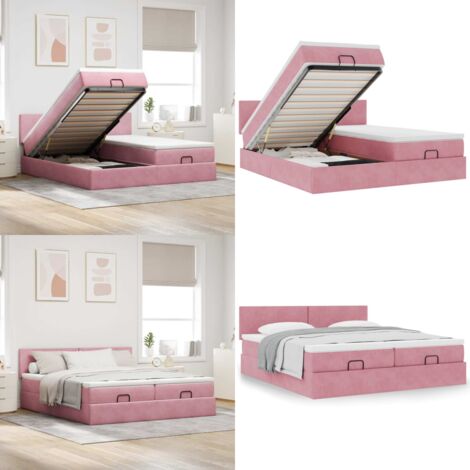 Struttura Letto Pouf con Materassi Rosa 180x200 cm Velluto - Materasso a molle insacchettate - Letto con stoccaggio
