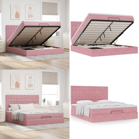 Struttura Letto Pouf con Materassi Rosa 180x200 cm Velluto - Materasso a molle insacchettate - Letto con vano portaoggetti