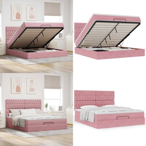 Struttura Letto Pouf con Materassi Rosa 180x200 cm Velluto - Materasso a molle insacchettate - Letto con vano portaoggetti