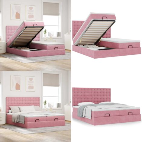 Struttura Letto Pouf con Materassi Rosa 180x200 cm Velluto - Materasso a molle insacchettate - Stoccaggio sotto il letto