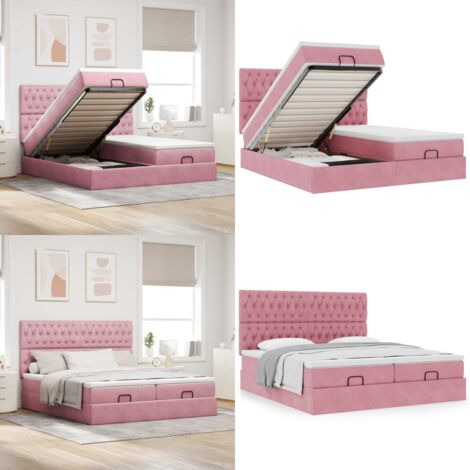 Struttura Letto Pouf con Materassi Rosa 180x200 cm Velluto - Materasso a molle insacchettate - Stoccaggio sotto il letto