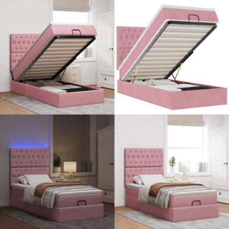 Struttura Letto Pouf con Materassi Rosa 90x190 cm in Velluto - Materasso a molle insacchettate - Letto con luci LED