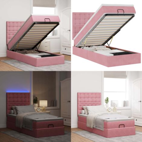 Struttura Letto Pouf con Materassi Rosa 90x190 cm in Velluto - Materasso a molle insacchettate - Letto con stoccaggio