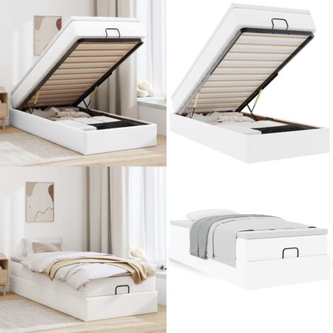 Struttura Letto Pouf con Materasso Bianco 80x200 cm Similpelle - Materasso a molle insacchettate - Letto con spazio sotto