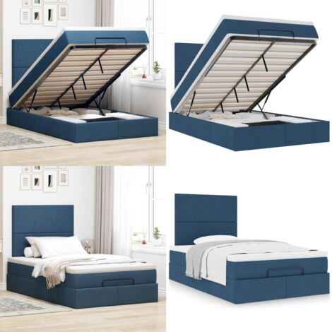 Struttura Letto Pouf con Materasso Blu 120x190 cm in Tessuto - Materasso a molle insacchettate - Letto con stoccaggio