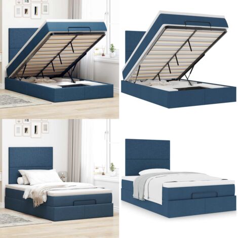 Struttura Letto Pouf con Materasso Blu 120x200 cm in Tessuto - Materasso a molle insacchettate - Letto con stoccaggio
