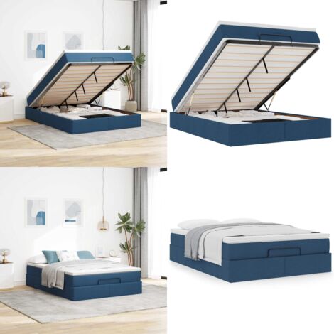 Struttura Letto Pouf con Materasso Blu 140x190 cm in Tessuto - Materasso a molle insacchettate - Letto con spazio di stoccaggio