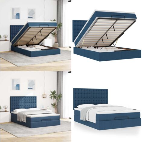 Struttura Letto Pouf con Materasso Blu 140x190 cm in Tessuto - Materasso a molle insacchettate - Letto con stoccaggio