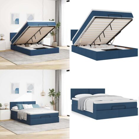 Struttura Letto Pouf con Materasso Blu 140x200cm in Tessuto - Materasso a molle insacchettate - Letto con spazio di stoccaggio