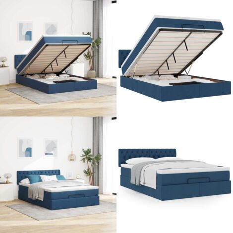 Struttura Letto Pouf con Materasso Blu 140x200cm in Tessuto - Materasso a molle insacchettate - Letto con spazio di stoccaggio