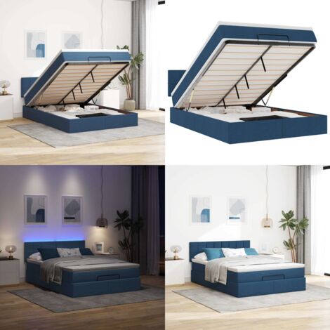 Struttura Letto Pouf con Materasso Blu 140x200cm in Tessuto - Materasso a molle insacchettate - Letto con stoccaggio