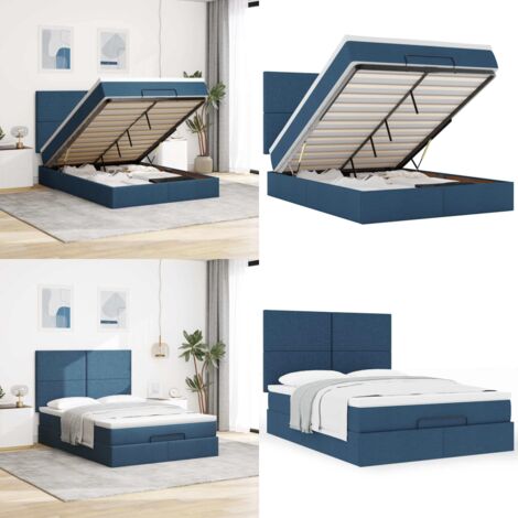 Struttura Letto Pouf con Materasso Blu 140x200cm in Tessuto - Materasso a molle insacchettate - Letto con stoccaggio