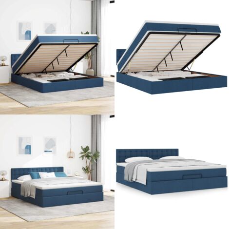 Struttura Letto Pouf con Materasso Blu 160x200 cm in Tessuto - Materasso a molle insacchettate - Letto con spazio sotto