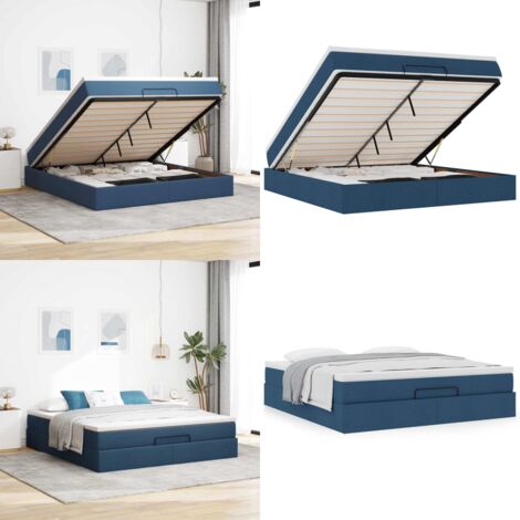 Struttura Letto Pouf con Materasso Blu 160x200 cm in Tessuto - Materasso a molle insacchettate - Letto con spazio sotto