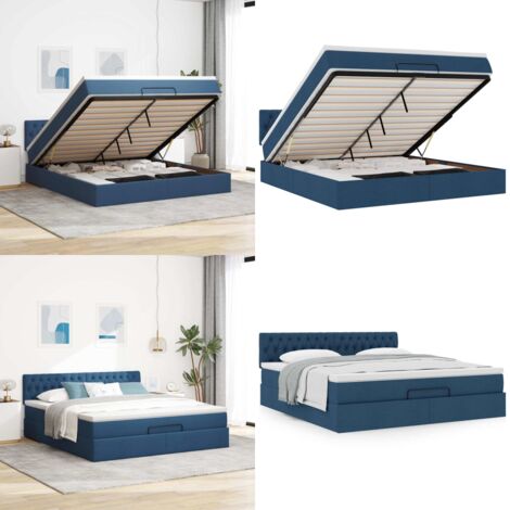 Struttura Letto Pouf con Materasso Blu 160x200 cm in Tessuto - Materasso a molle insacchettate - Letto con stoccaggio