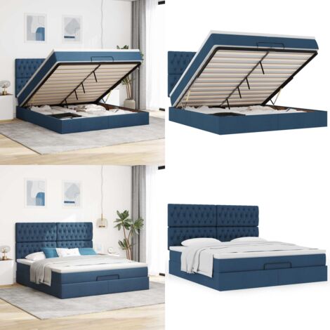 Struttura Letto Pouf con Materasso Blu 160x200 cm in Tessuto - Materasso a molle insacchettate - Letto con stoccaggio