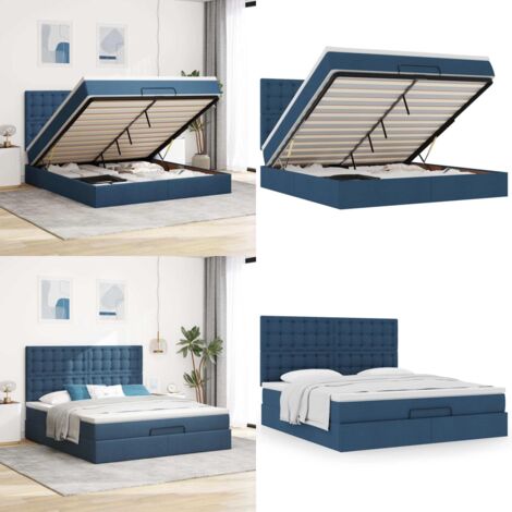 Struttura Letto Pouf con Materasso Blu 160x200 cm in Tessuto - Materasso a molle insacchettate - Letto con stoccaggio