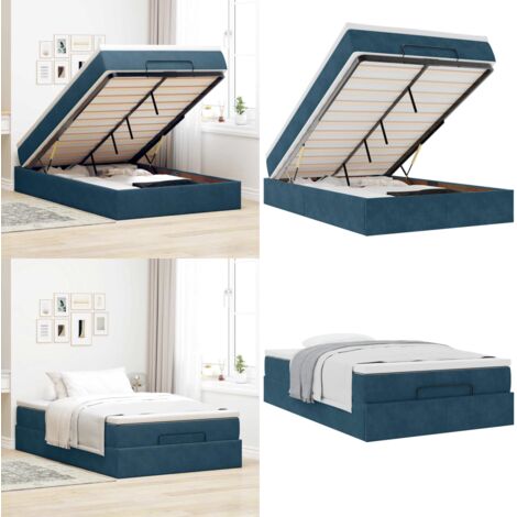 Struttura Letto Pouf con Materasso Blu Scuro 120x200 cm Velluto - Materasso a molle insacchettate - Letto con stoccaggio