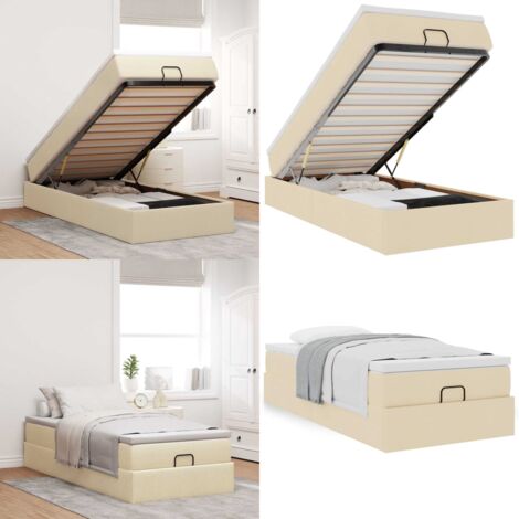 Struttura Letto Pouf con Materasso Crema 100x200 cm in Tessuto - Materasso a molle insacchettate - Stoccaggio sotto il letto
