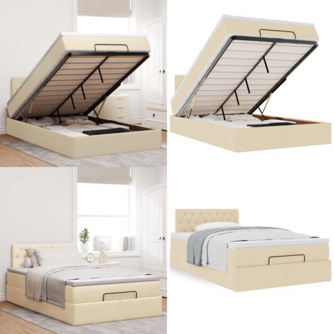 Struttura Letto Pouf con Materasso Crema 120x200 cm in Tessuto - Materasso a molle insacchettate - Letto con stoccaggio
