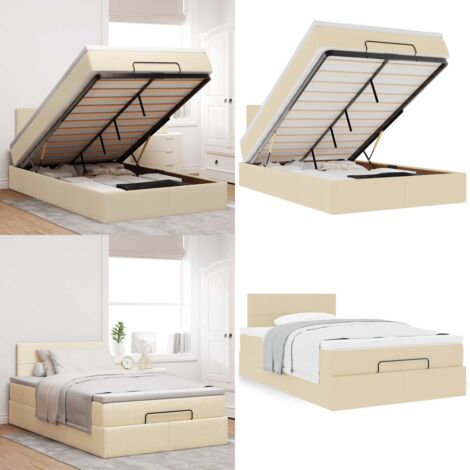 Struttura Letto Pouf con Materasso Crema 120x200 cm in Tessuto - Materasso a molle insacchettate - Letto con stoccaggio