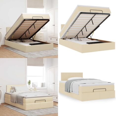 Struttura Letto Pouf con Materasso Crema 120x200 cm in Tessuto - Materasso a molle insacchettate - Letto con stoccaggio