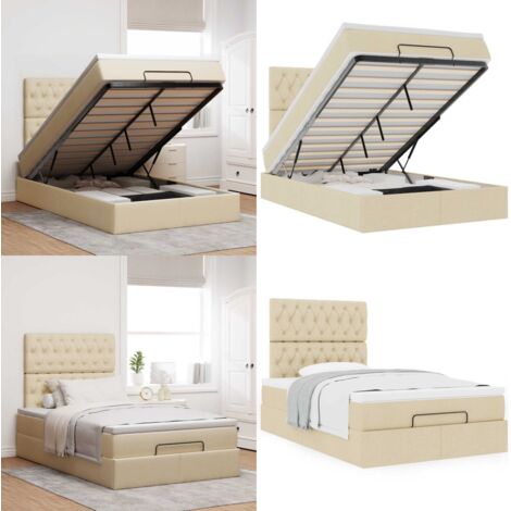 Struttura Letto Pouf con Materasso Crema 120x200 cm in Tessuto - Materasso a molle insacchettate - Letto con stoccaggio