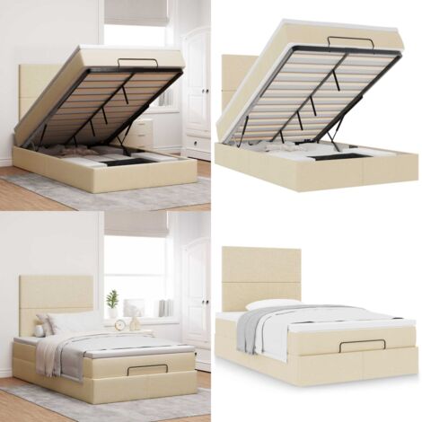 Struttura Letto Pouf con Materasso Crema 120x200 cm in Tessuto - Materasso a molle insacchettate - Stoccaggio sotto il letto