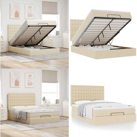 Struttura Letto Pouf con Materasso Crema 140x190 cm in Tessuto - Materasso a molle insacchettate - Letto con stoccaggio